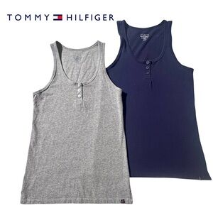 2- TOMMY HILFIGER Henley Tank Tops Gray Navy Sleeveless Shirt Stretch Women M